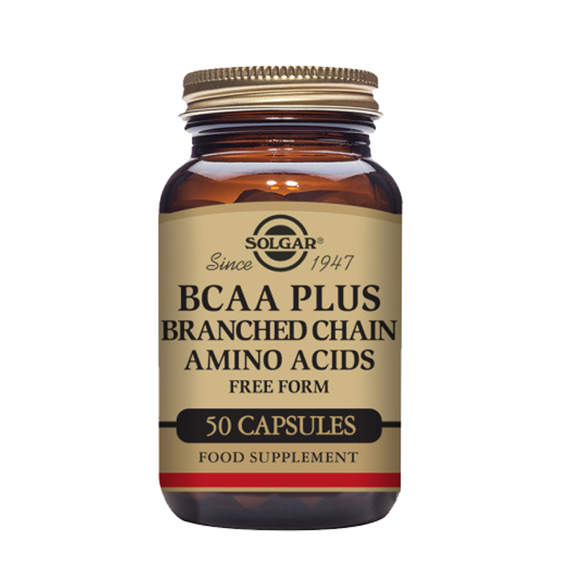 A glass bottle of Solgar BCAA Plus Branched Chain Amino Acids vegetable capsules, containing 50 capsules.