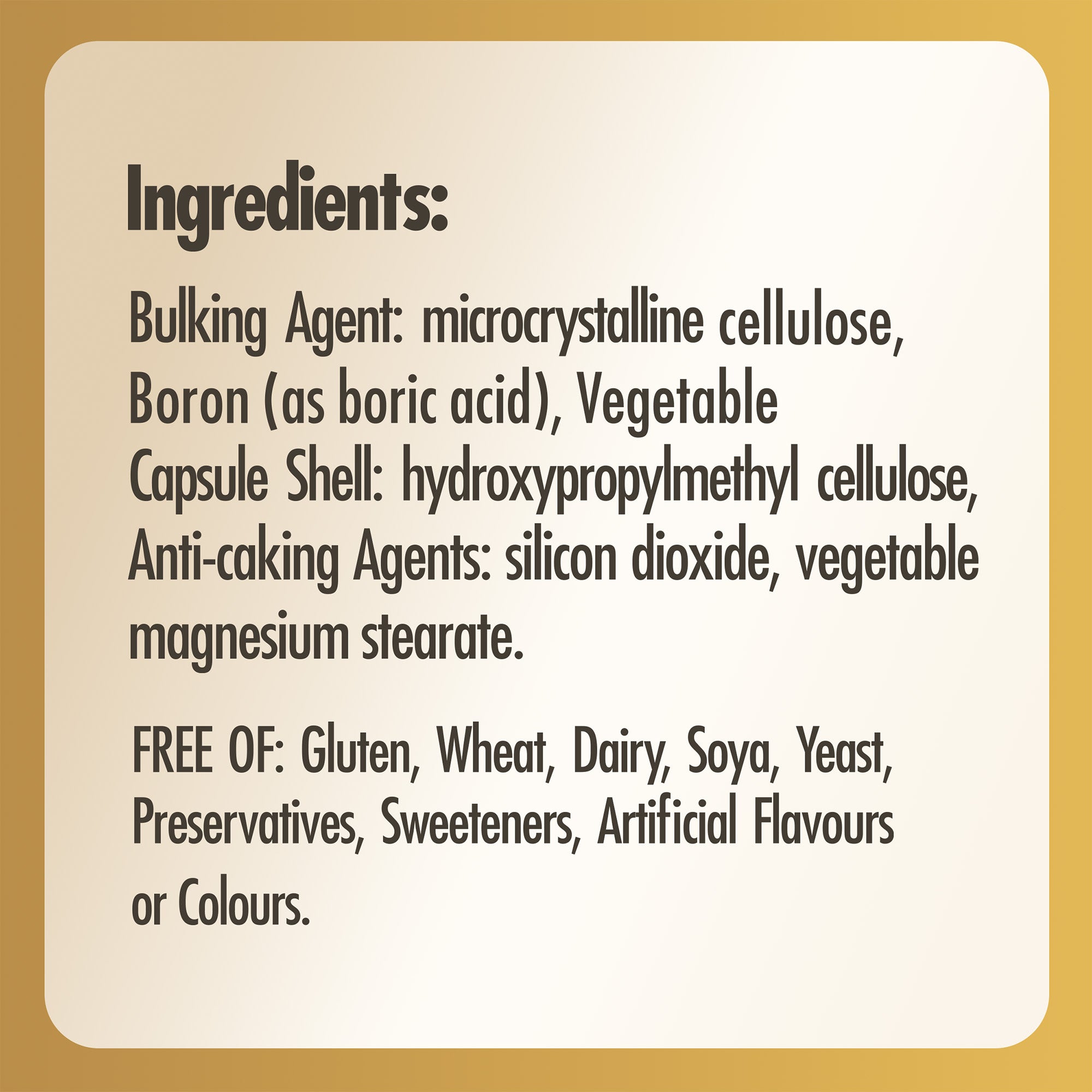 Ingredients label for a bottle of Solgar Boron 3 MG supplements