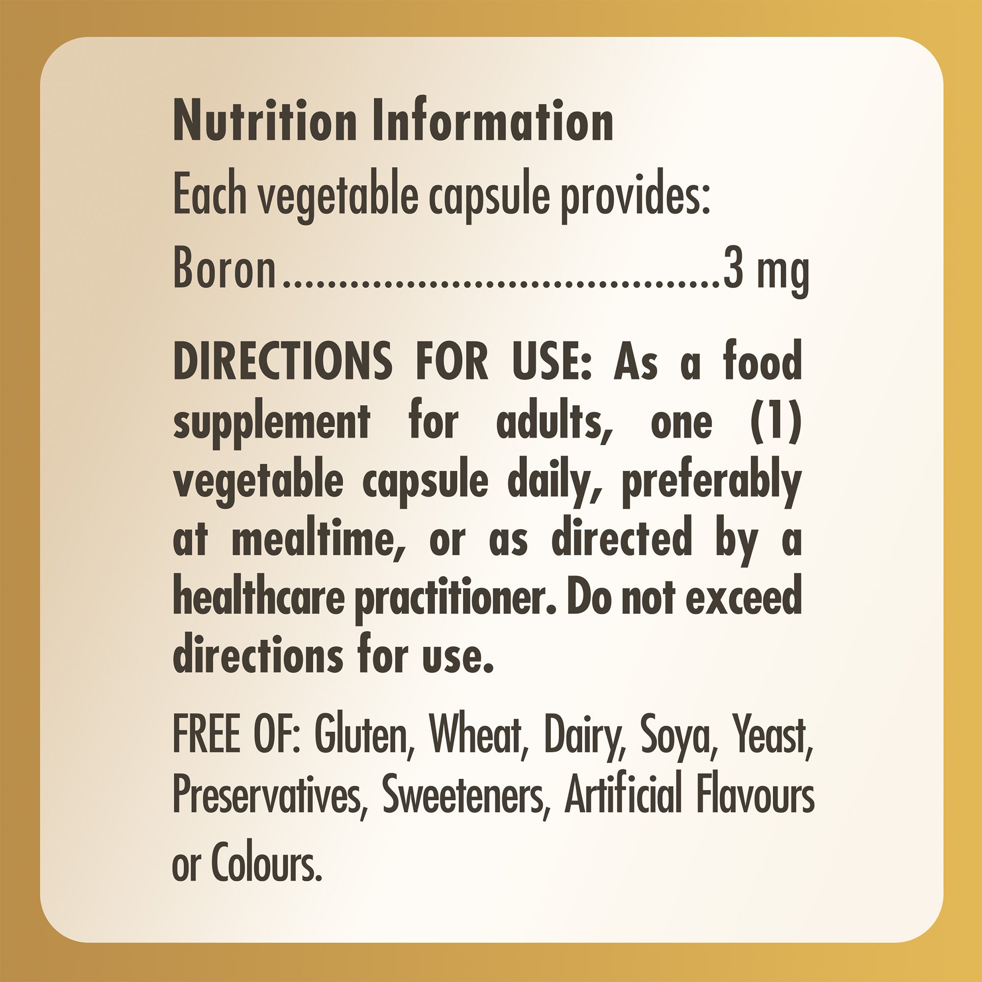 Nutrition information label for a bottle of Solgar Boron 3 MG supplements
