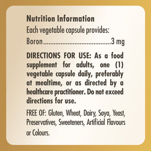 Nutrition information label for a bottle of Solgar Boron 3 MG supplements