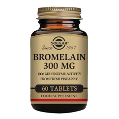 A bottle of Solgar Bromelain 300 mg containing 60 tablets, with the label indicating it is a food supplement 