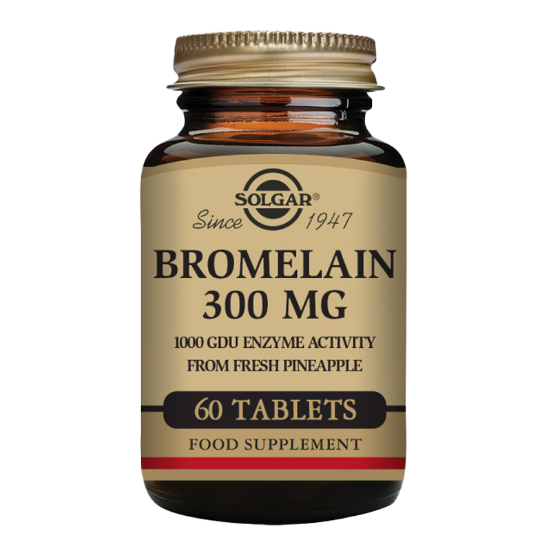 A bottle of Solgar Bromelain 300 mg containing 60 tablets, with the label indicating it is a food supplement 