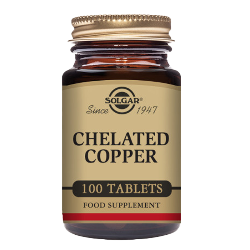 A glass bottle of Solgar Chelated Copper Tablets containing 100 tablets