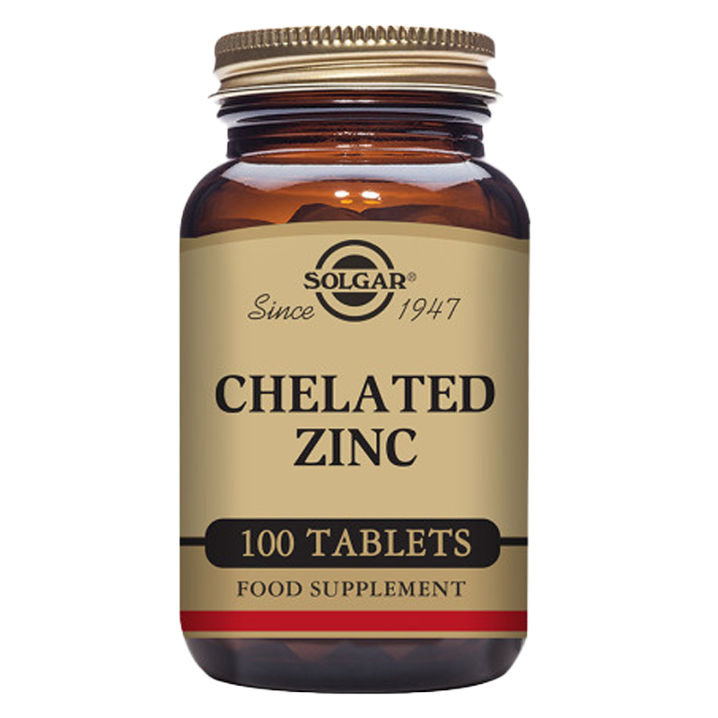 Solgar Chelated Zinc Tablets in a glass bottle with a gold lid