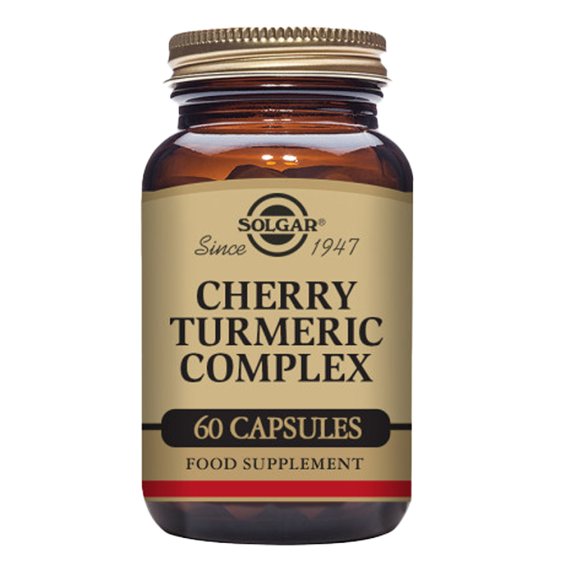 A glass bottle of Solgar Cherry Turmeric Complex vegetable capsules with a gold lid