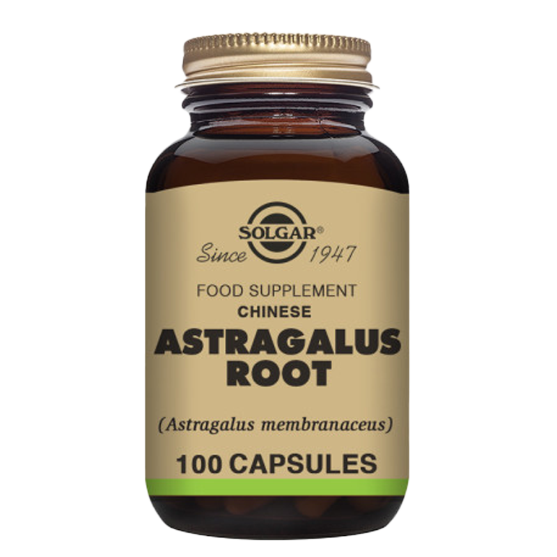 A glass bottle of Solgar Chinese Astragalus Root Vegetable Capsules with a gold lid
