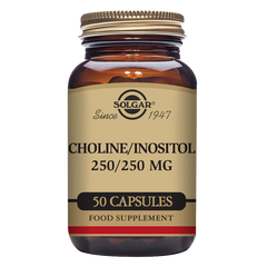 A glass bottle of Solgar Choline/Inositol 250/250 mg vegetable capsules with 50 capsules inside