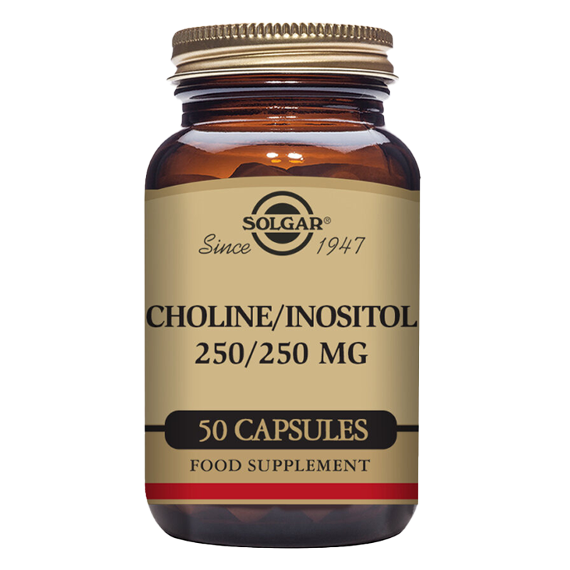 A glass bottle of Solgar Choline/Inositol 250/250 mg vegetable capsules with 50 capsules inside