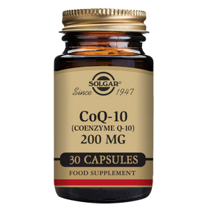 A bottle of Solgar CoQ-10 (Coenzyme Q-10) 200 mg Vegetable Capsules with 30 capsules inside