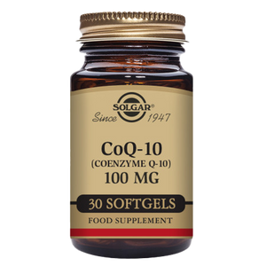 Solgar CoQ-10 100 mg Softgels in a glass bottle with a gold lid