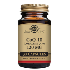 A glass bottle of Solgar CoQ-10 (Coenzyme Q-10) 120 mg vegetable capsules with 30 capsules inside