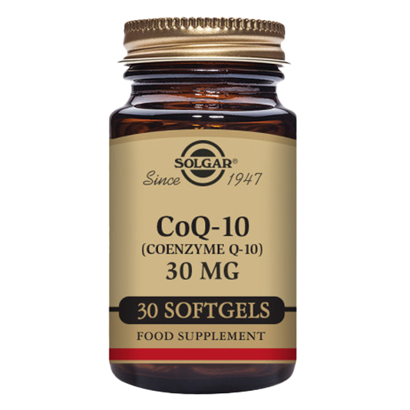 Solgar CoQ-10 softgels in a glass bottle with a gold lid