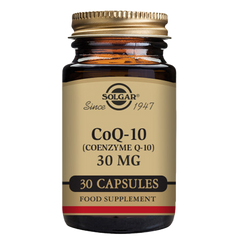 Solgar CoQ-10 30mg capsules in a glass jar with a gold lid