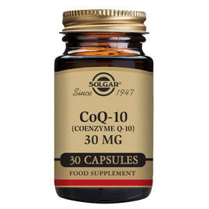 Solgar CoQ-10 30mg capsules in a glass jar with a gold lid