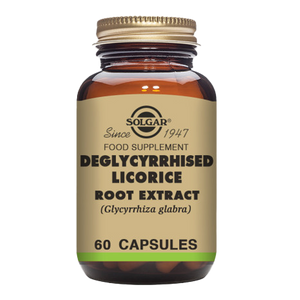 Solgar Deglycyrrhised Licorice Root Extract vegetable capsules in a glass bottle with a gold lid