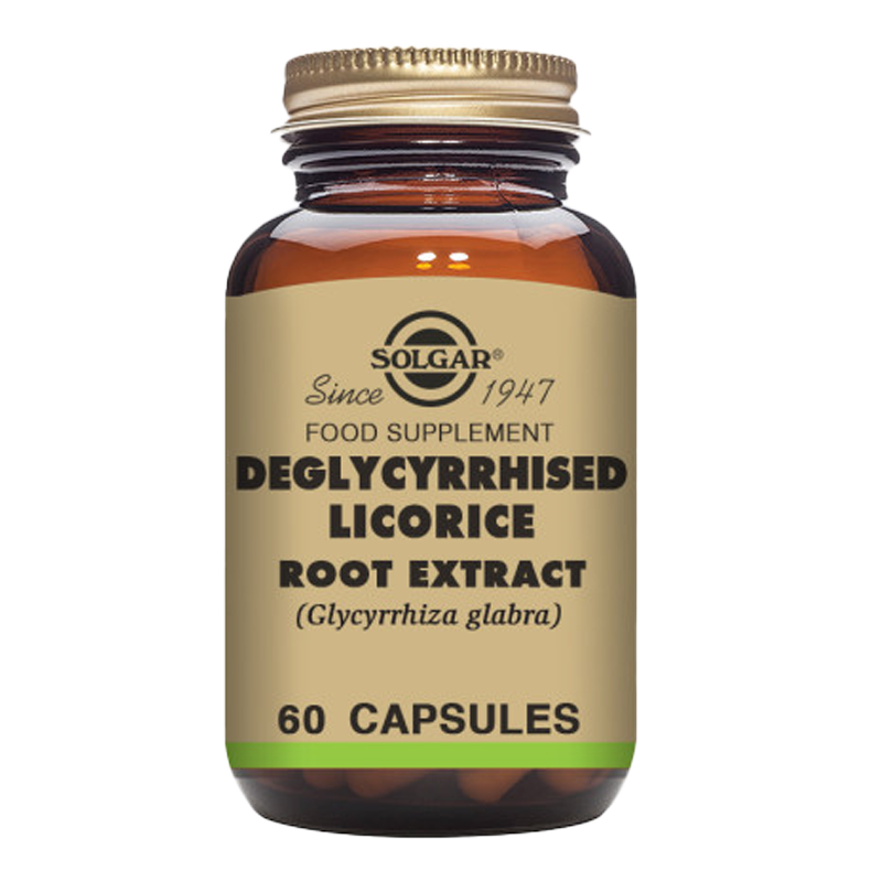 Solgar Deglycyrrhised Licorice Root Extract vegetable capsules in a glass bottle with a gold lid