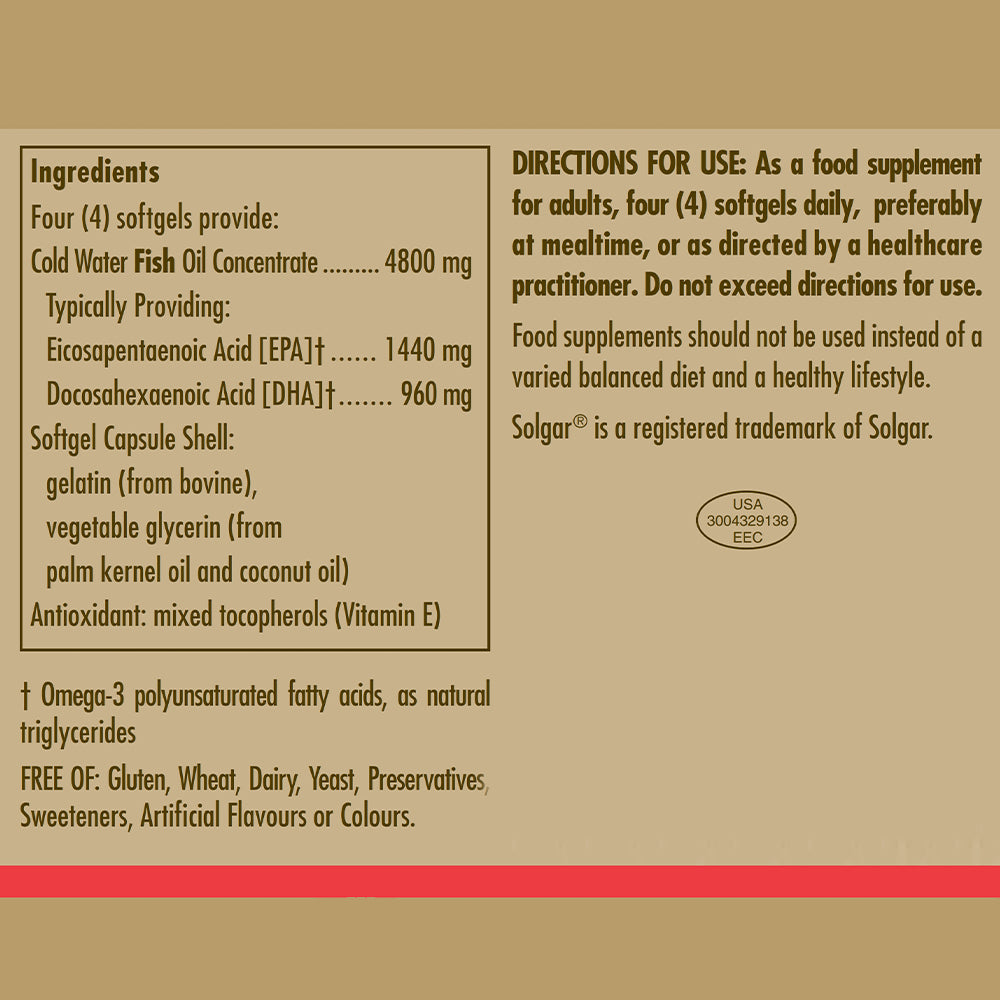 Product information label for Solgar Double Strength Omega-3 Softgels