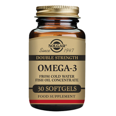 Solgar Double Strength Omega-3 Softgels in a glass bottle with a gold lid