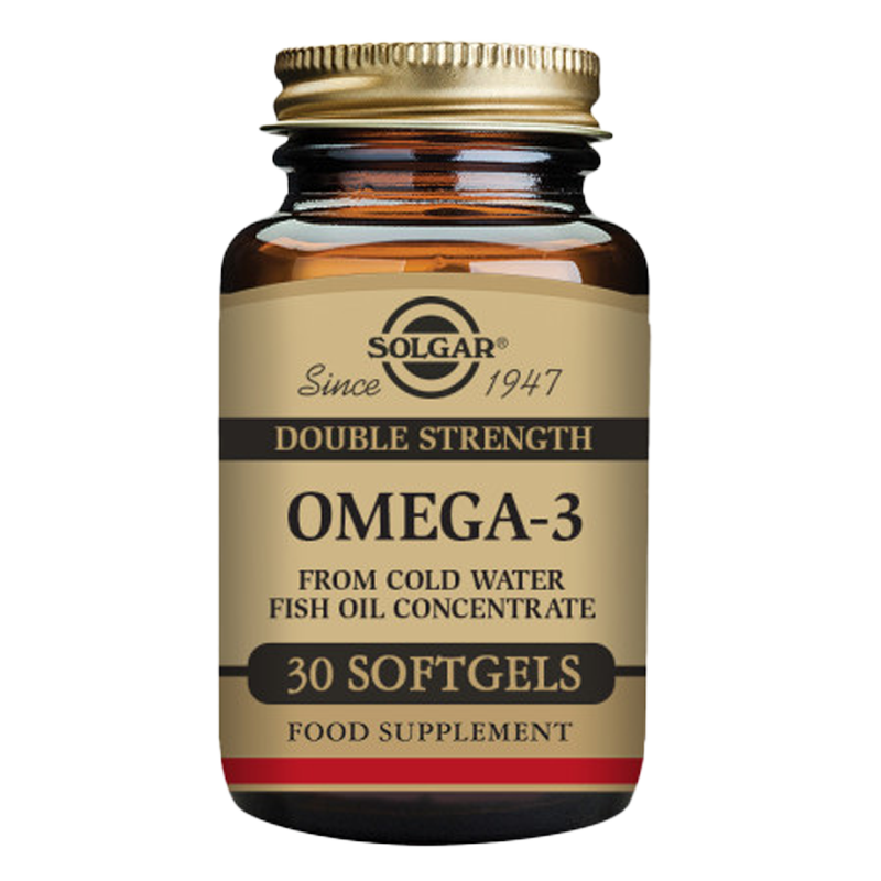 Solgar Double Strength Omega-3 Softgels in a glass bottle with a gold lid