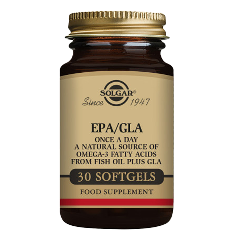 A bottle of Solgar EPA/GLA Softgels containing omega-3 fatty acids with 30 softgels inside.