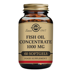 A glass bottle of Solgar Fish Oil Concentrate 1000 mg softgels containing 60 capsules.