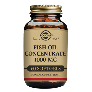 A glass bottle of Solgar Fish Oil Concentrate 1000 mg softgels containing 60 capsules.