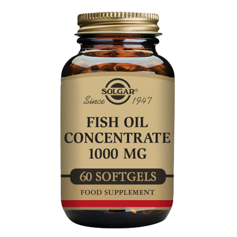 A glass bottle of Solgar Fish Oil Concentrate 1000 mg softgels containing 60 capsules.