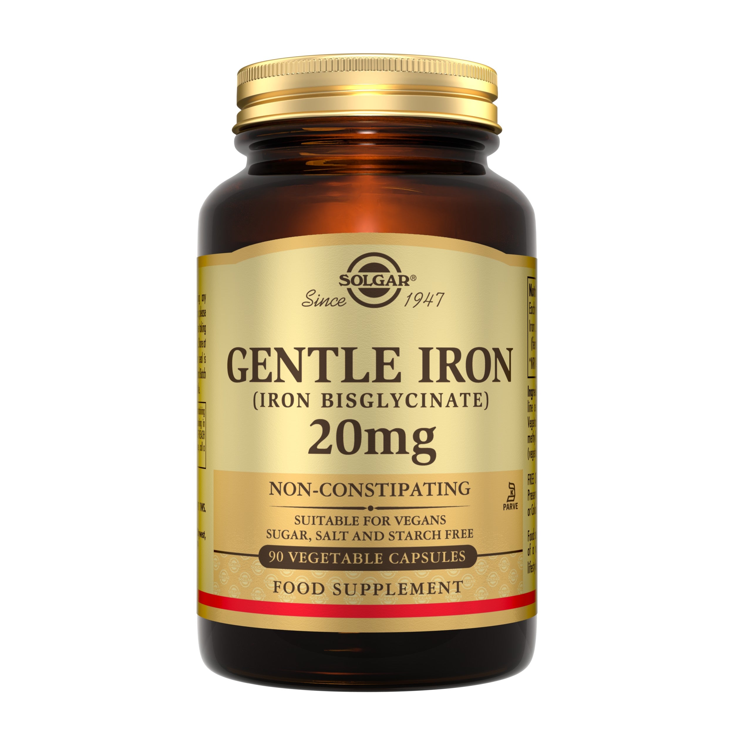 A bottle of 90 Solgar Gentle Iron 20mg vegetable capsules with a gold lid