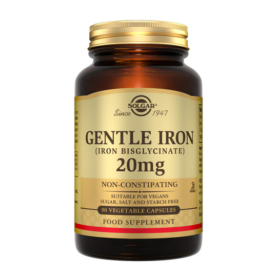 A bottle of 90 Solgar Gentle Iron 20mg vegetable capsules with a gold lid