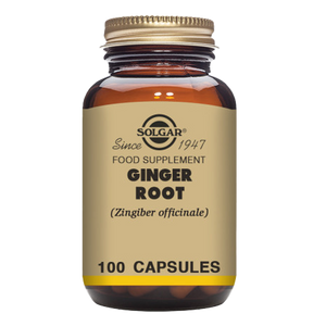 A glass bottle of Solgar Ginger Root vegetable capsules with a gold lid