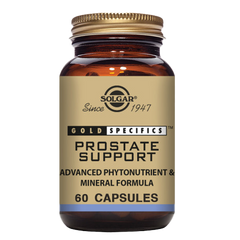 A glass bottle of Solgar Gold Specifics Prostate Support vegetable capsules with 60 capsules inside.