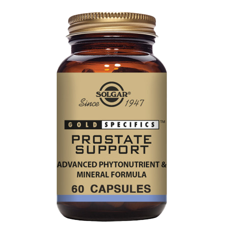 A glass bottle of Solgar Gold Specifics Prostate Support vegetable capsules with 60 capsules inside.