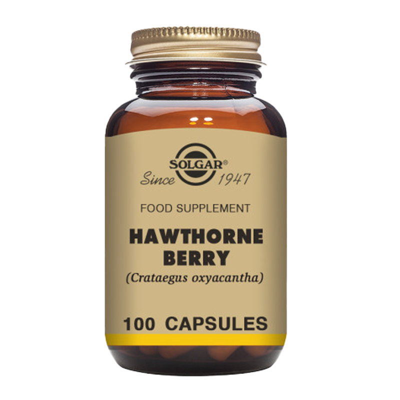 A glass bottle of Solgar Hawthorne Berry vegetable capsules, containing 100 capsules, with information about the product on the label.