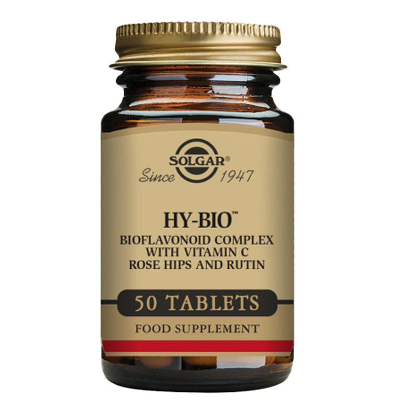 Solgar Hy-Bio with Rose Hips supplements in a glass bottle