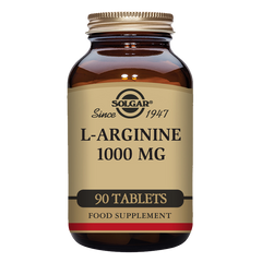 A bottle of Solgar L-Arginine 1000 mg tablets containing 90 tablets in a glass bottle