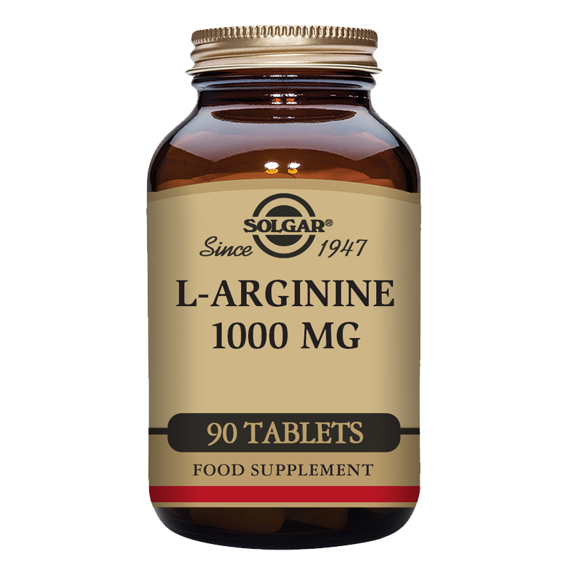 A bottle of Solgar L-Arginine 1000 mg tablets containing 90 tablets in a glass bottle