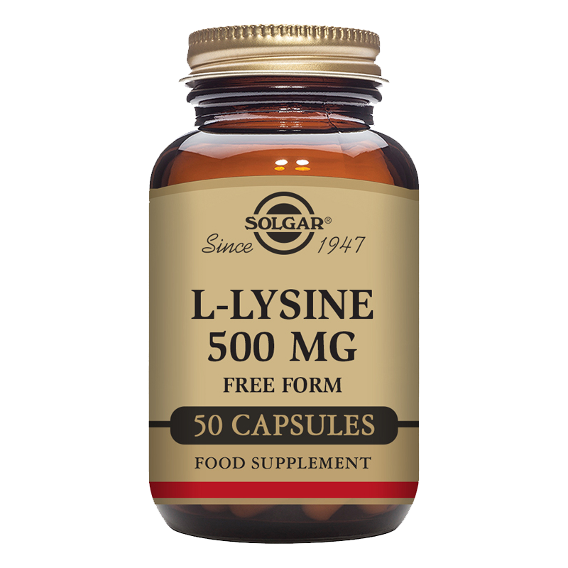 A glass bottle of Solgar L-Lysine 500 mg Vegetable Capsules with 50 capsules inside