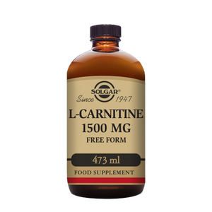 A glass bottle of Solgar L-Carnitine 1500 mg Liquid in a 473 ml packaging with natural lemon flavour