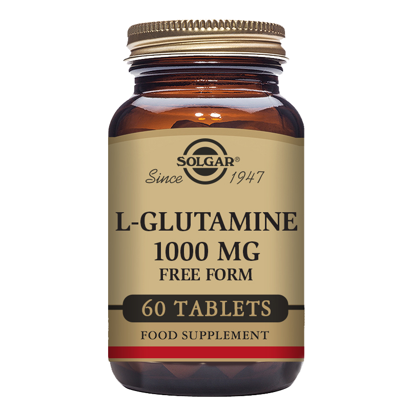 A glass bottle of Solgar L-Glutamine 1000 mg free form, containing 60 tablets