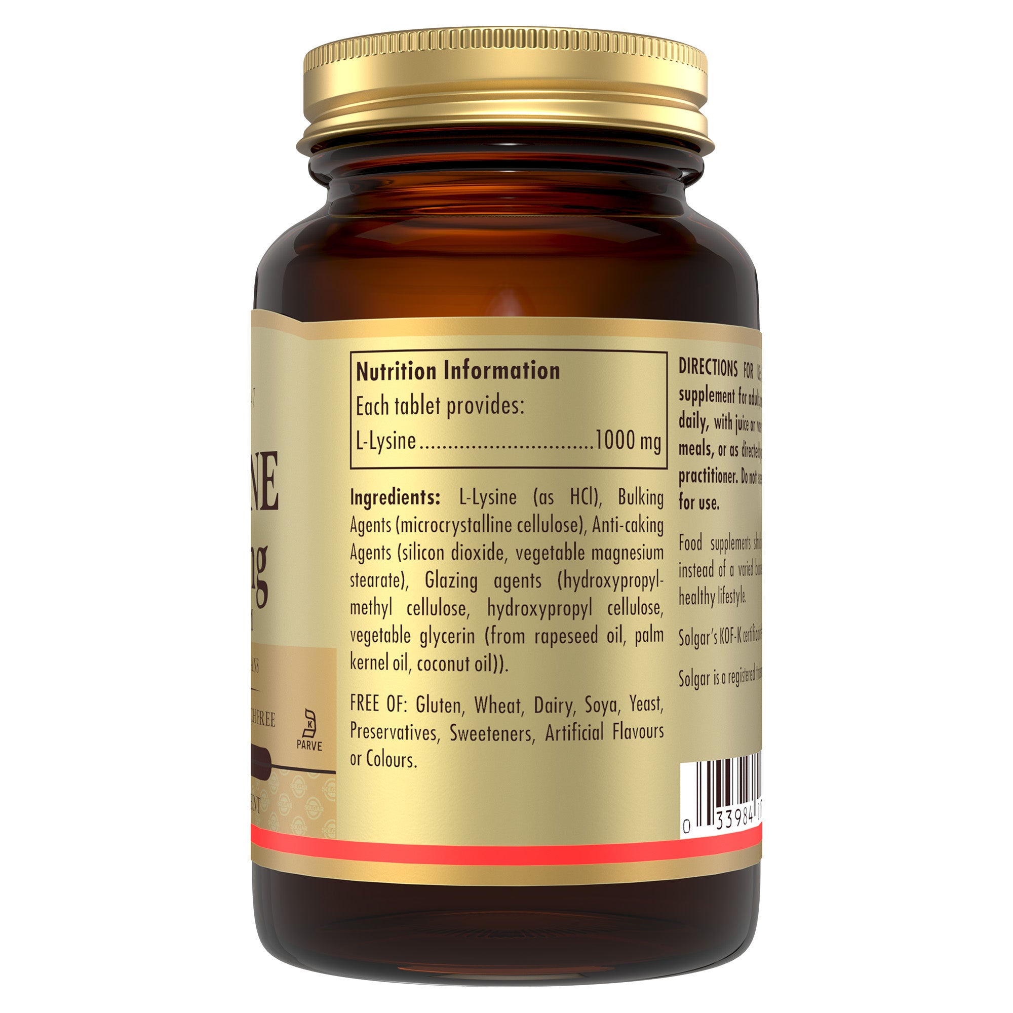 Side view of a Solgar L-Lysine supplement glass bottle with product information
