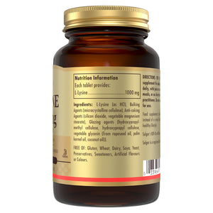 Side view of a Solgar L-Lysine supplement glass bottle with product information