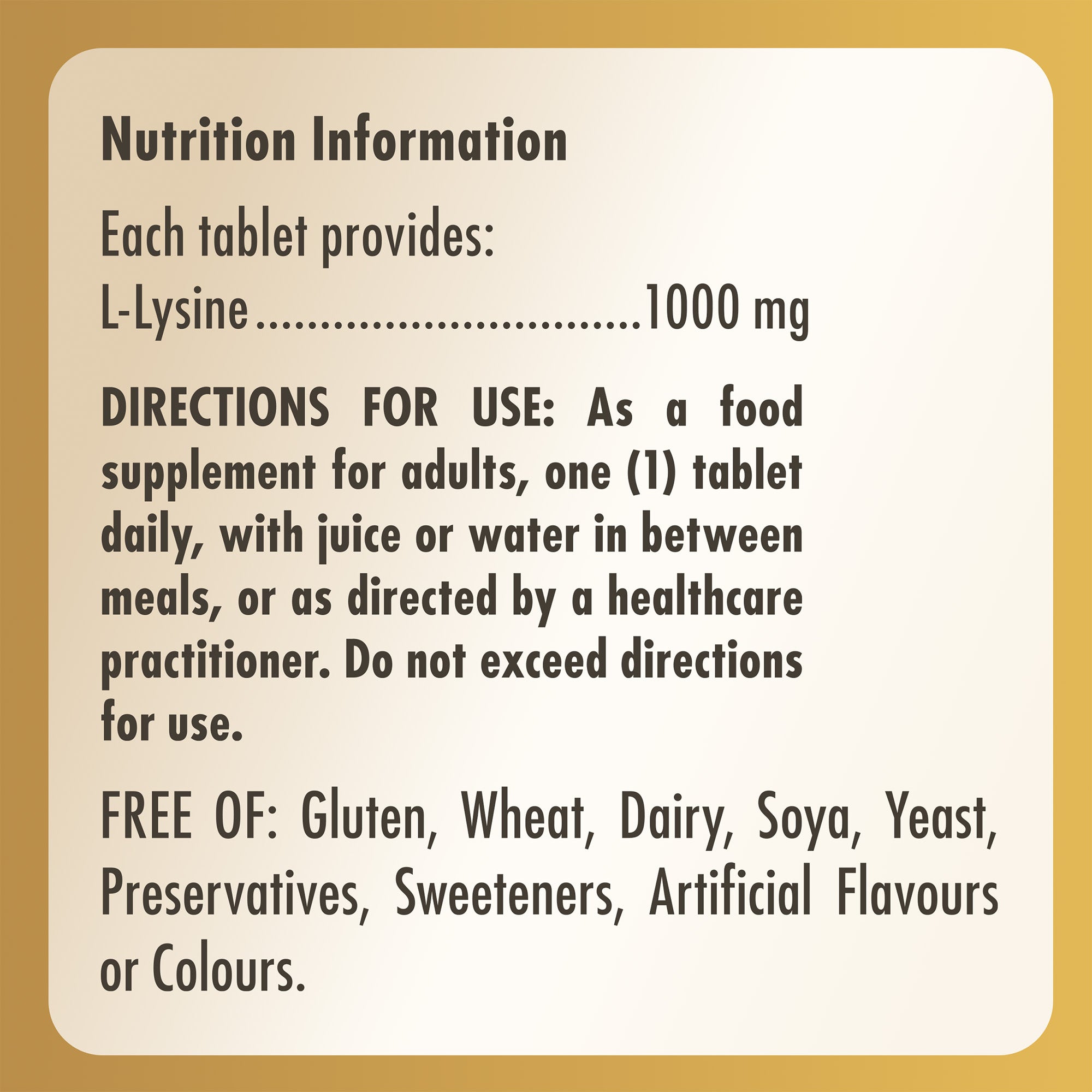 Nutrition information label for a Solgar L-Lysine supplement bottle