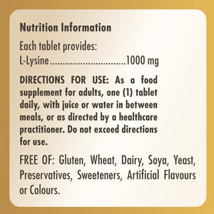 Nutrition information label for a Solgar L-Lysine supplement bottle