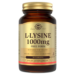 Solgar L-Lysine supplements in a glass jar with a gold lid
