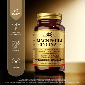 Solgar Magnesium Glycinate supplement bottle with label and a gold lid.
