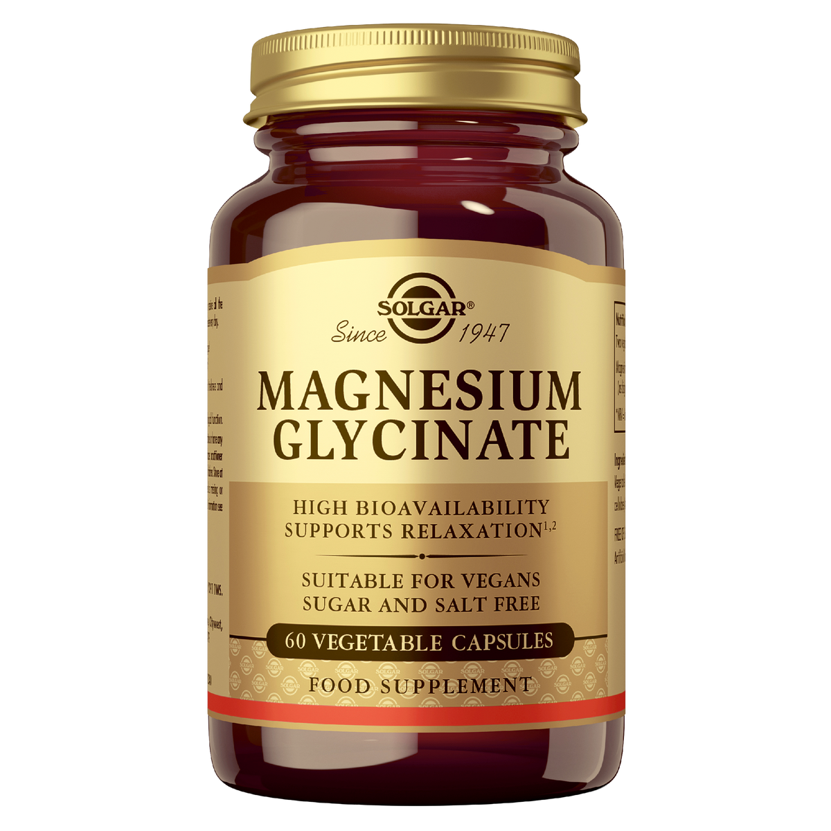A bottle of Solgar Magnesium Glycinate food supplement with a gold lid