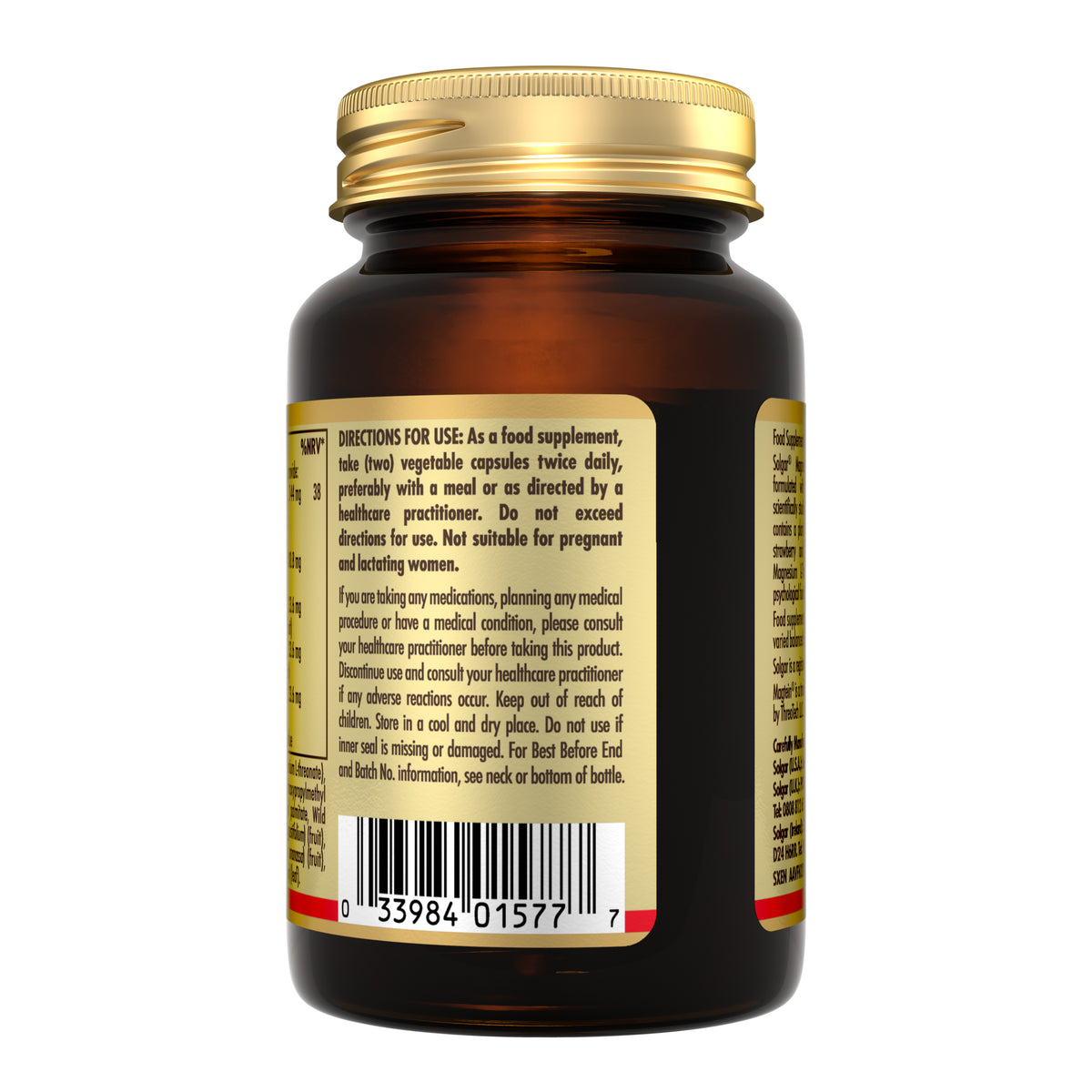 Back view of a bottle of Solgar Magtein Magnesium L-Threonate food supplements