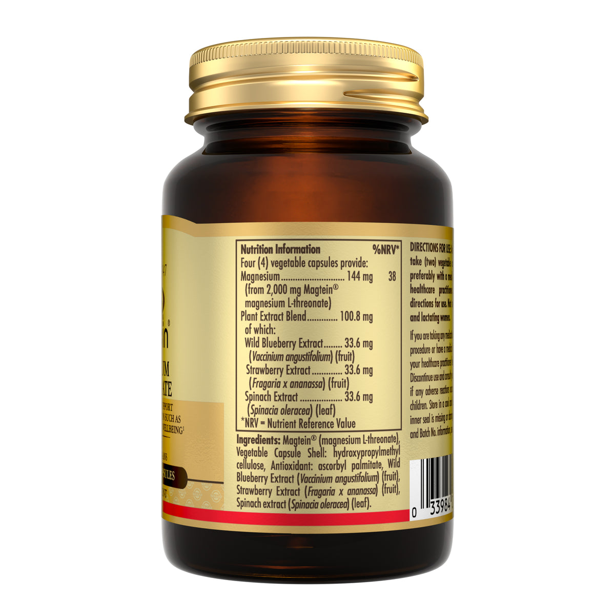 Nutrition information label on Solgar Magtein Magnesium L-Threonate food supplement bottle