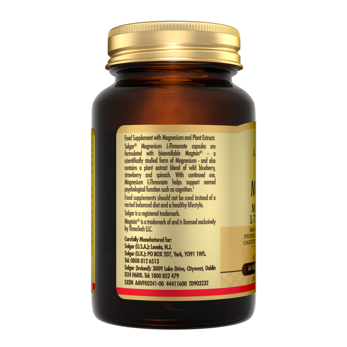 Side view of a bottle of Solgar Magtein Magnesium L-Threonate food supplements