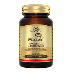 Solgar Magtein Magnesium L-Threonate food supplements in a glass bottle with a gold lid